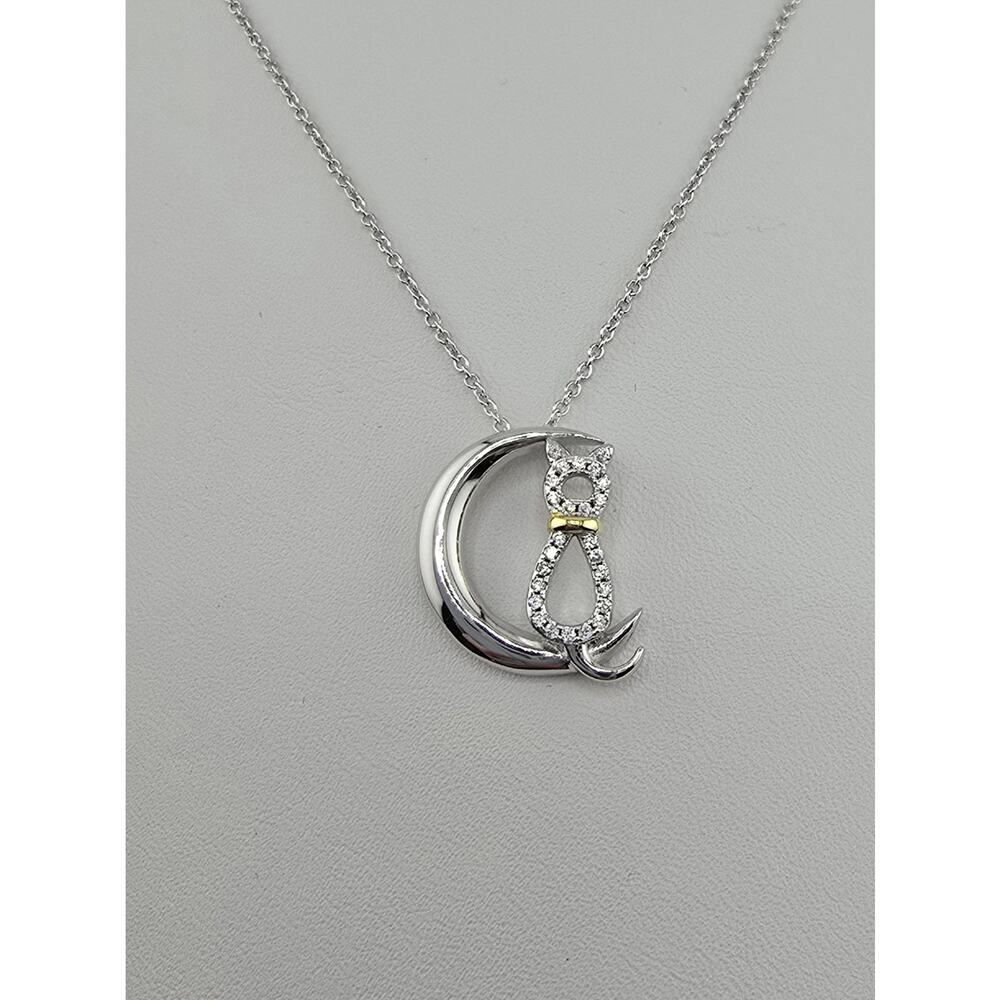 Sterling Silver CZ Cat On The Moon Pendant 18" Necklace